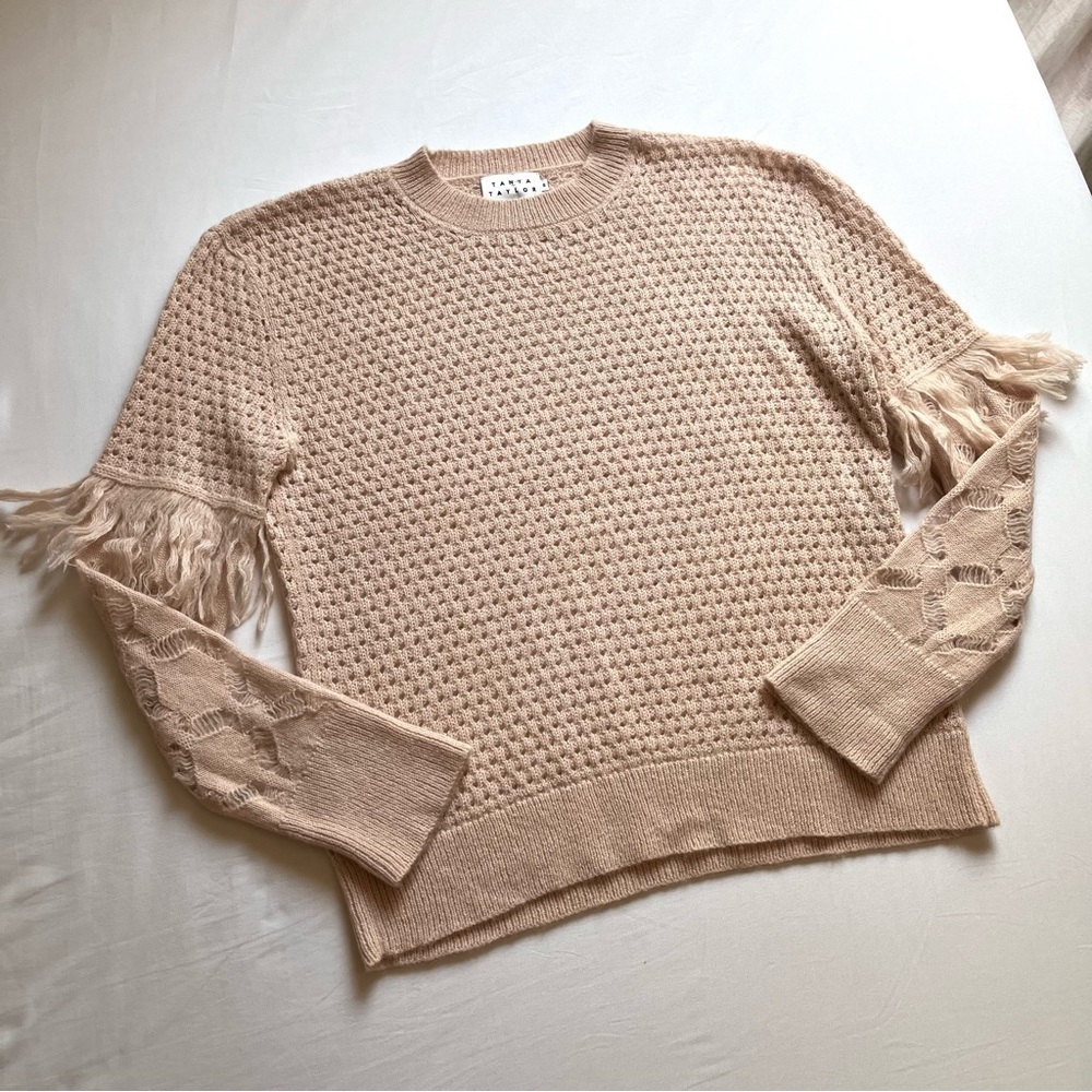 Tanya Taylor peach‎ pink open knit fringe long sleeve pullover sweater